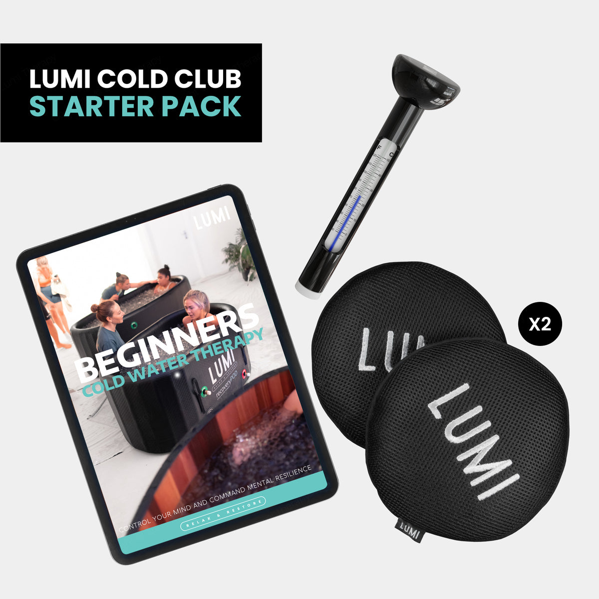 LUMI Cold Club Starter Pack graphic with a tablet showing a beginner cold water therapy guide, massage tool, and two black LUMI eye masks