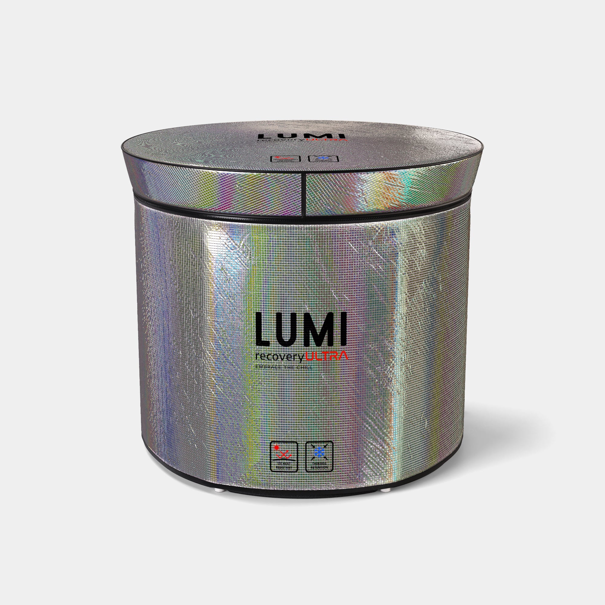 LUMI Pod with Ultra Cover in reflective silver finish designed for cold and hot recovery therapy sessions.