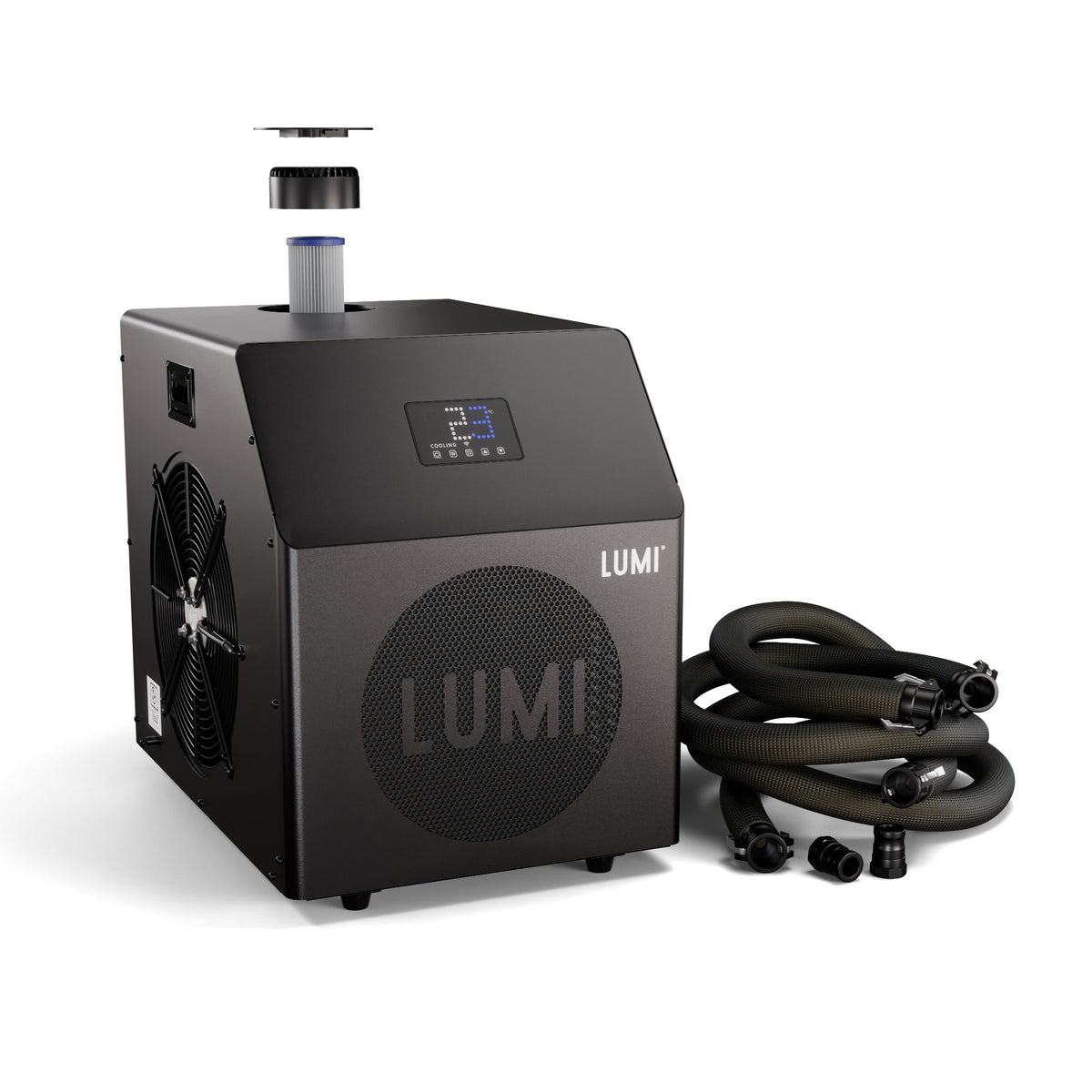 PRO Chiller black cooling unit with digital control panel and coiled hoses shown on a white background