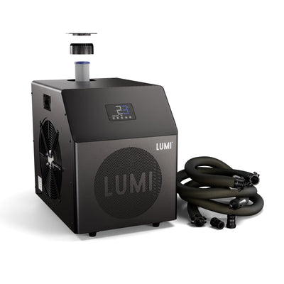 PRO Chiller black cooling unit with digital control panel and coiled hoses shown on a white background