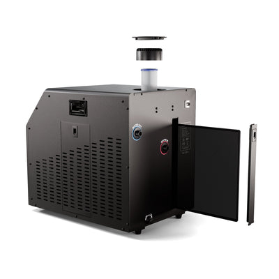 PRO Chiller black cooling unit shown with an open side panel and detached top components on a white background