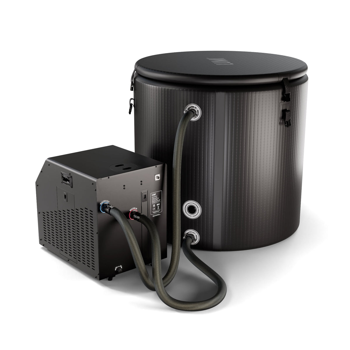 PRO Chiller black cylindrical cooling unit with attached control box hoses and fittings shown on a white background