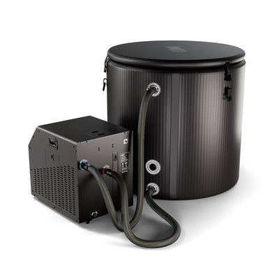 PRO Chiller black cylindrical cooling unit with attached control box hoses and fittings shown on a white background