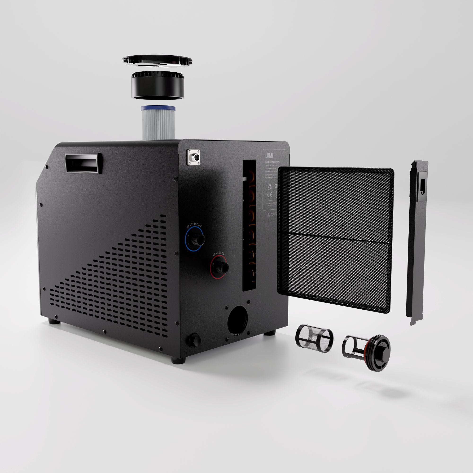 Rear view of the Mini Chiller 2, showing the filters inc. built-in air filter.