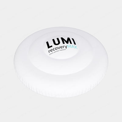 LUMI UFO Thermo Lid, a white inflatable circular cover with pyramid design, featuring black LUMI recovery MAX branding, designed to insulate ice bath water and prevent water collection on top. Shown against white background.