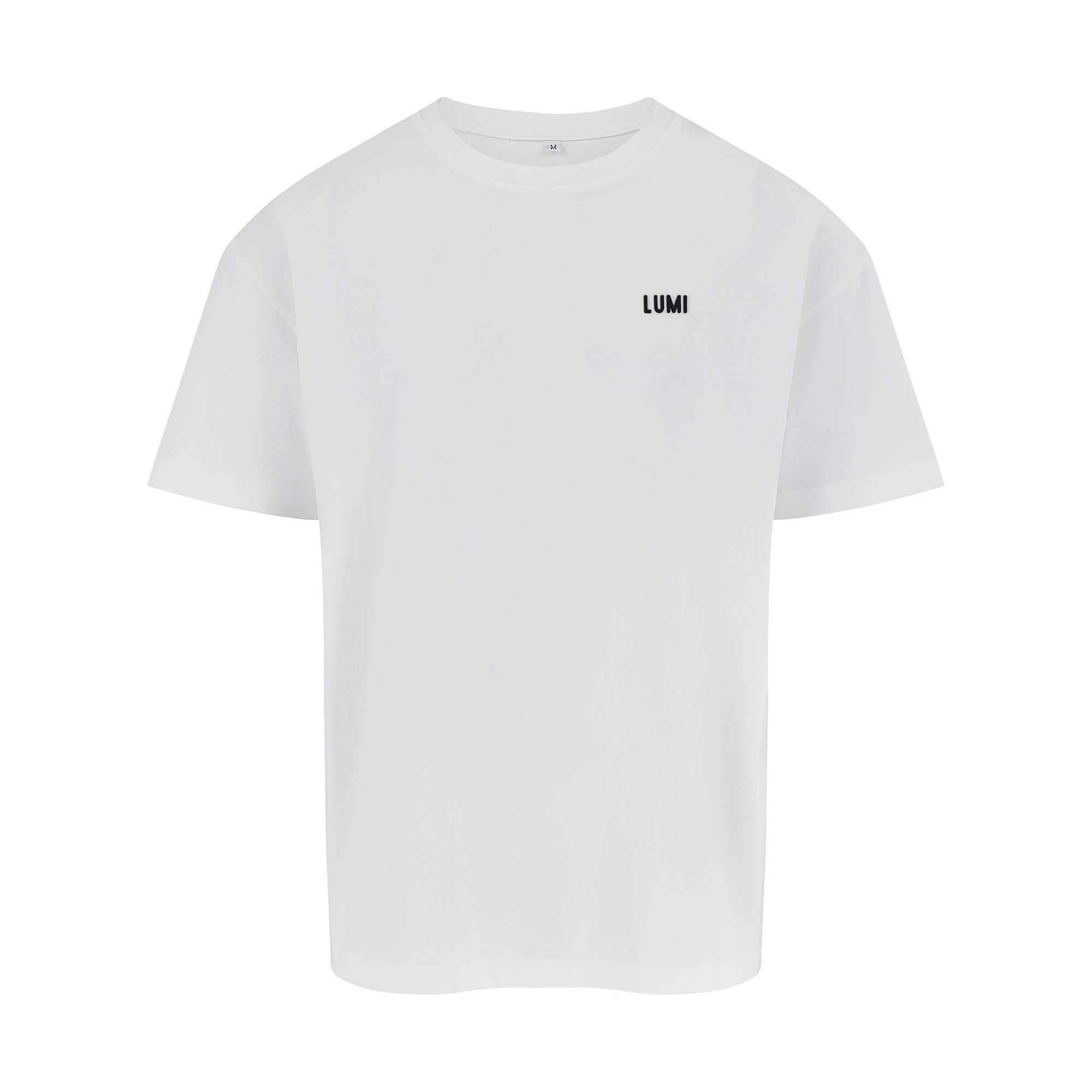 Men's LCC Oversized T-Shirt White featuring a relaxed-fit design in pure white cotton, with small LUMI logo printed on chest and oversized casual silhouette. Premium heavyweight 230gsm fabric with classic crew neckline and short sleeves.