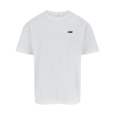 Men's LCC Oversized T-Shirt White featuring a relaxed-fit design in pure white cotton, with small LUMI logo printed on chest and oversized casual silhouette. Premium heavyweight 230gsm fabric with classic crew neckline and short sleeves.
