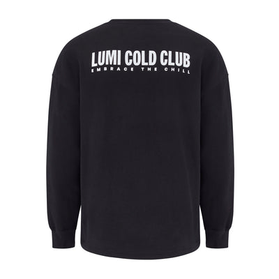 Unisex LCC Oversized Sweatshirt Black featuring white LUMI COLD CLUB text across back, heavyweight cotton-polyester blend sweatshirt shown in back view with ribbed cuffs and hem, perfect for post-ice bath comfort and casual wear