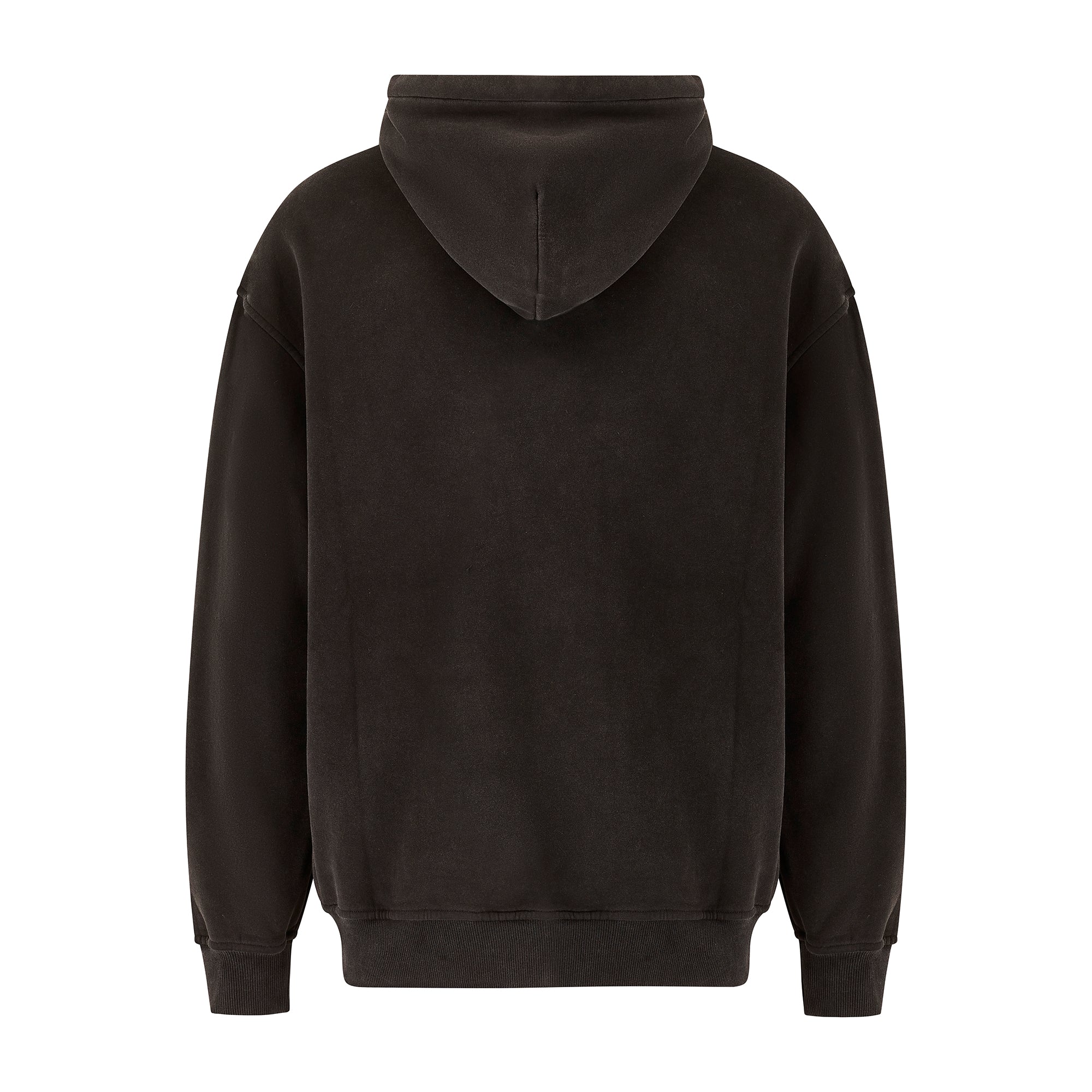 Unisex LUX Oversized Hoodie Black Wash shown from back view, featuring a relaxed fit silhouette with dropped shoulders, ribbed cuffs, and an adjustable hood in a vintage black wash finish. The cotton blend hoodie displays a minimalist design with clean lines and casual comfort.