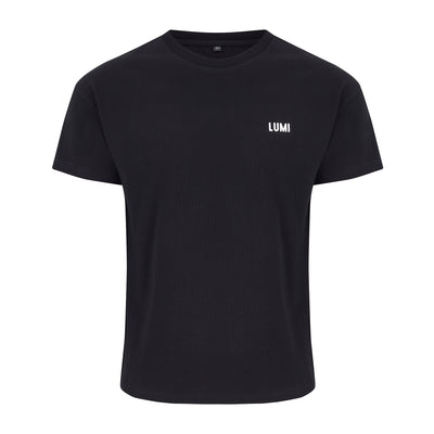 Womens LCC T-Shirt Black: Classic heavyweight black cotton t-shirt featuring small white LUMI logo on chest and LUMI Cold Club graphic across back. Regular fit t-shirt shown flat against white background showcasing minimal design and premium construction.