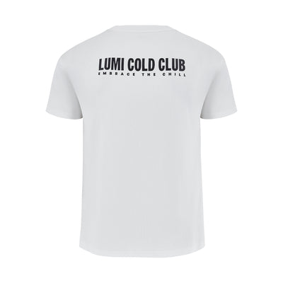 Women's LCC T-Shirt White featuring a classic white heavyweight cotton design with black LUMI COLD CLUB text printed on the back, showcasing clean minimalist styling and premium quality construction, perfect for casual everyday wear