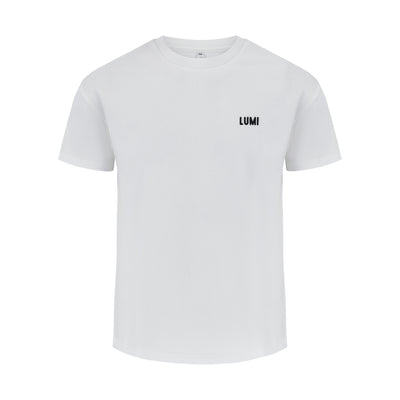 Women's LCC T-Shirt White: Classic fit heavyweight white cotton t-shirt featuring small LUMI logo on chest and LUMI Cold Club graphic on back, shown flat lay against white background, displaying premium quality fabric and minimalist design.
