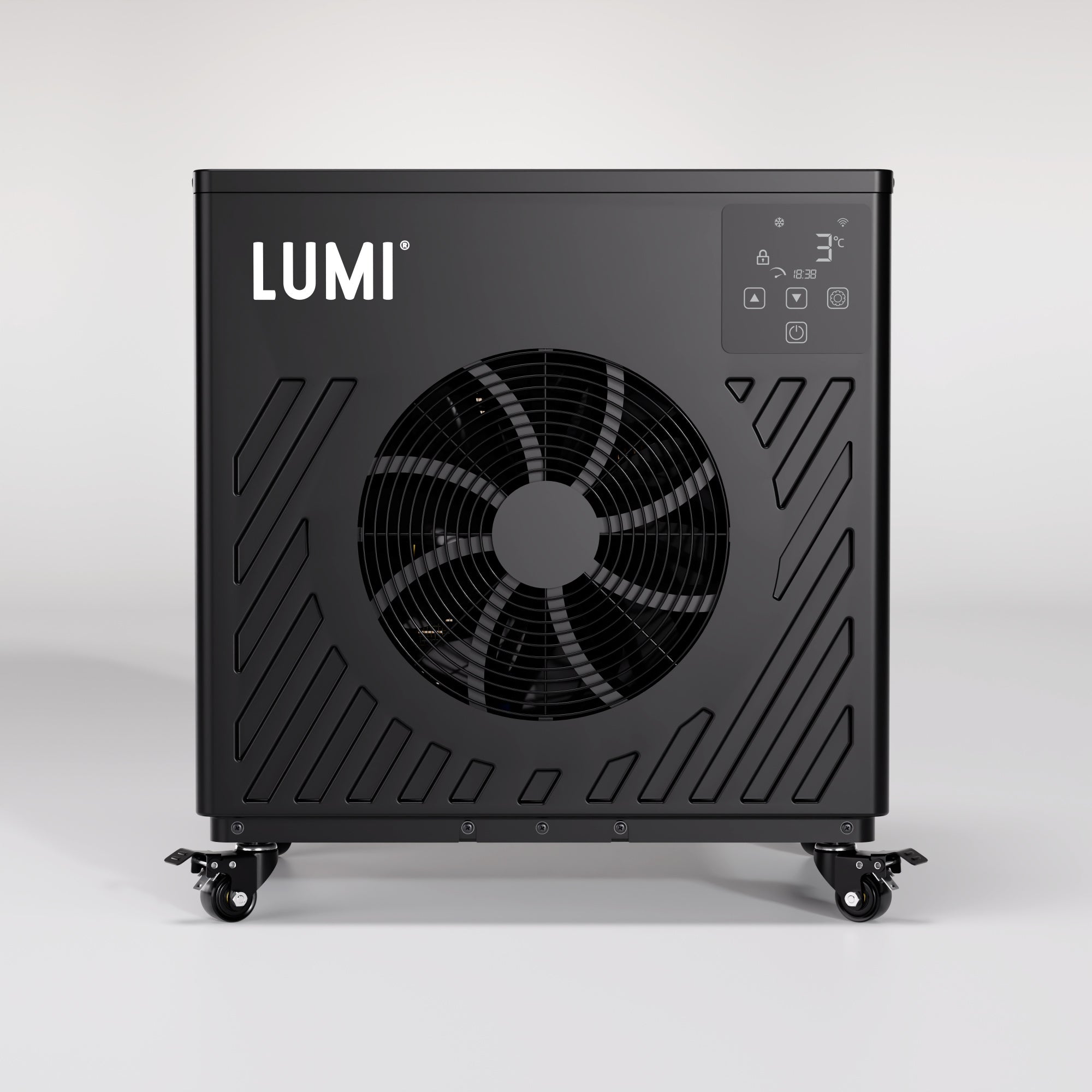 LUMI Cube PRO Chiller in black with digital display and large fan, designed for efficient cold therapy cooling at home.