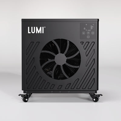 LUMI Cube PRO Chiller in black with digital display and large fan, designed for efficient cold therapy cooling at home.