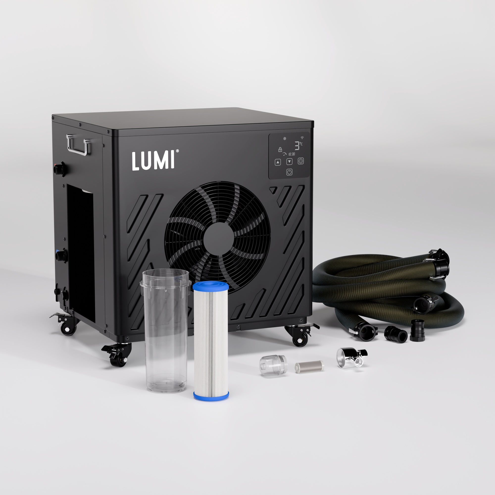 LUMI Pod PRO + Cube PRO Chiller Bundle featuring black chiller unit, hose, and clear water filter components on white background