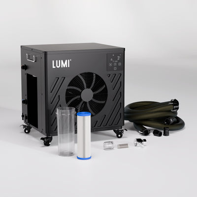 LUMI Pod PRO + Cube PRO Chiller Bundle featuring black chiller unit, hose, and clear water filter components on white background