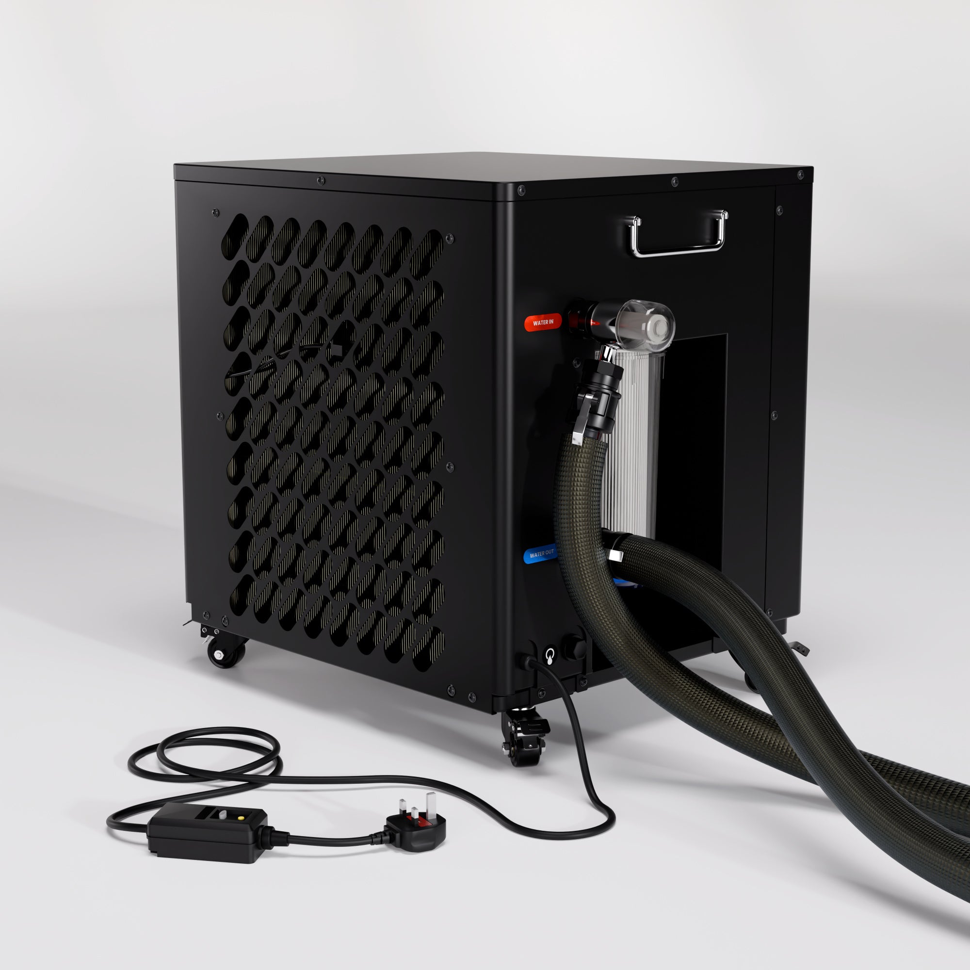 Cube PRO Chiller unit in black with connected hoses and power cord for precision cold therapy cooling system