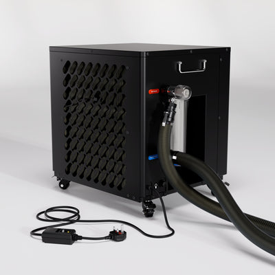 Cube PRO Chiller unit in black with connected hoses and power cord for precision cold therapy cooling system