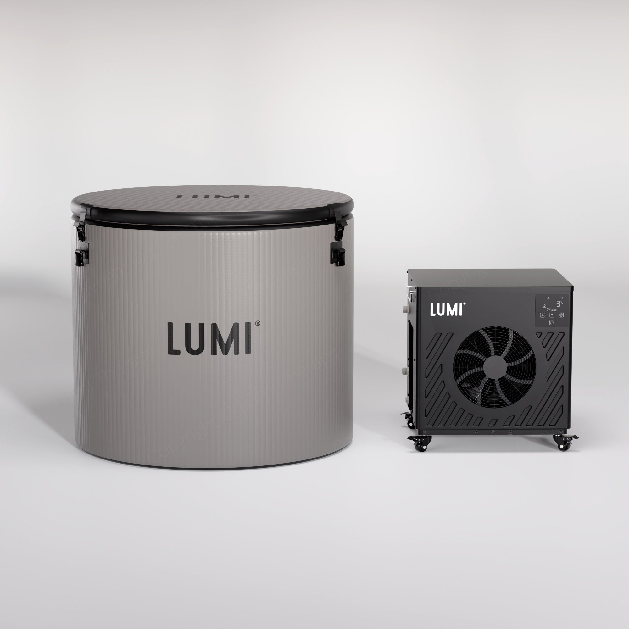 LUMI Pod PRO and Cube PRO Chiller bundle featuring sleek gray ice bath and compact black chiller unit on white background
